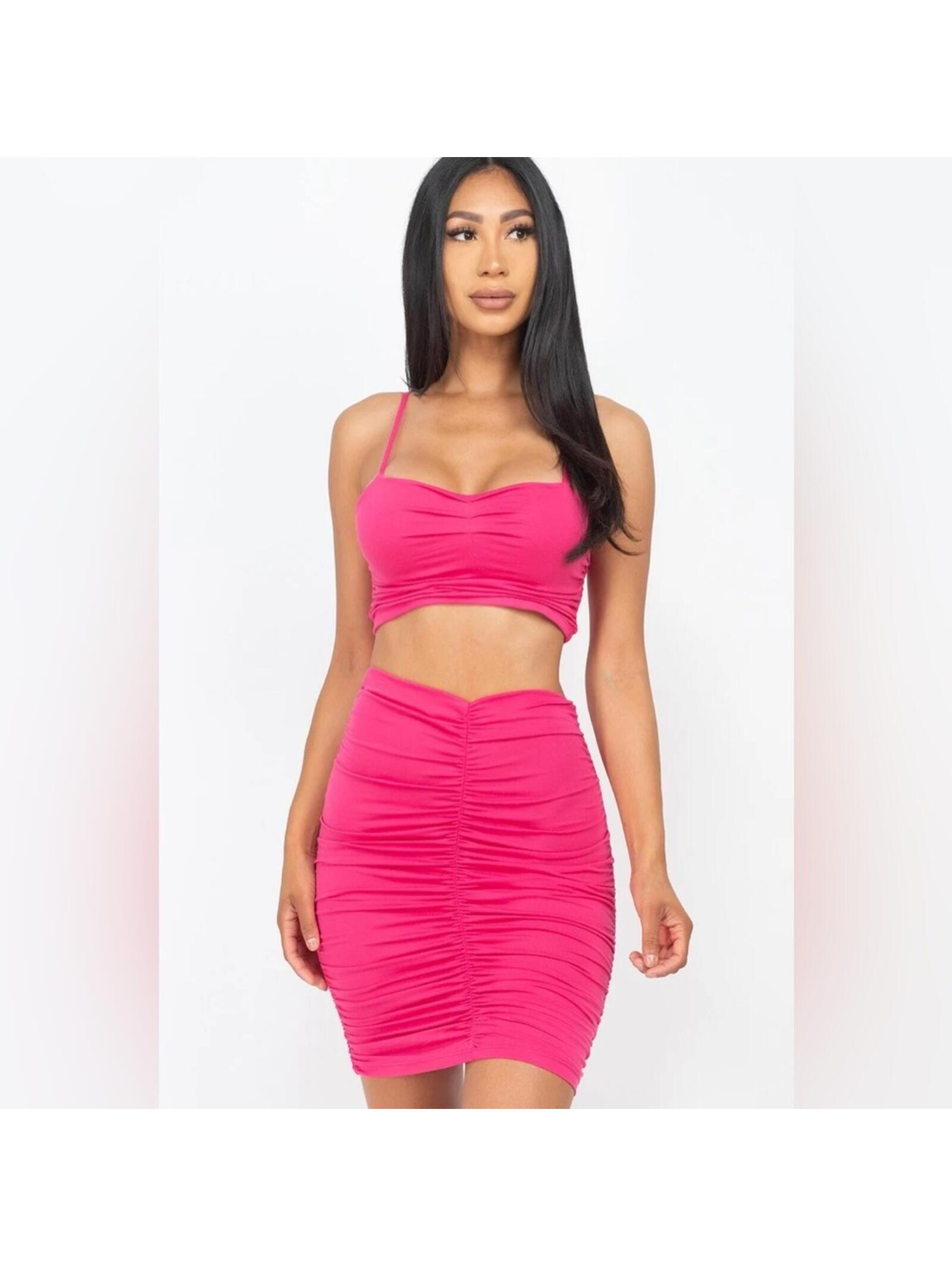 Hot Pink Ruched Crop Top & Skirt Set